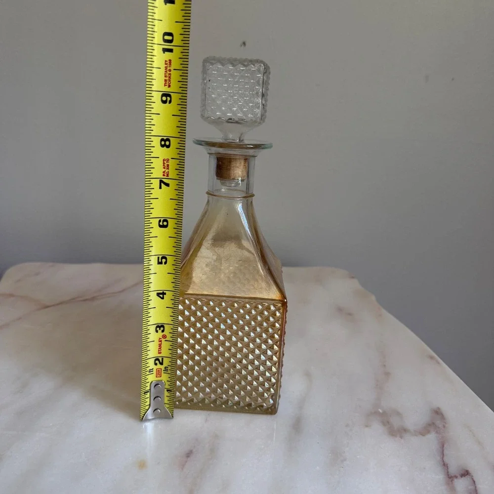 Vintage Amber Glass Decanter Square Diamond Point Hobnail Stopper Mid Century